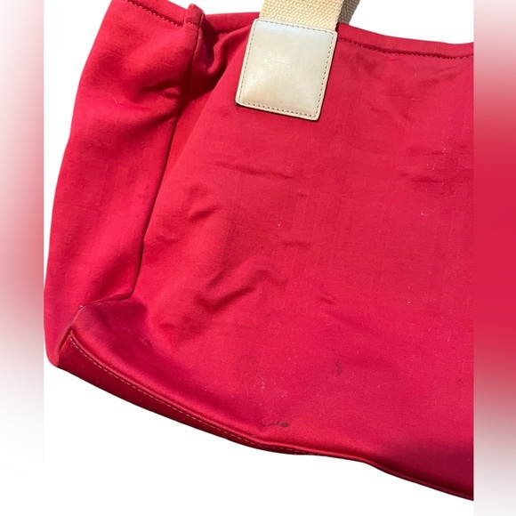 BURBERRY Red Canvas Ivory Fabric Leather Handles Satchel Tote Bag Made in Italy - Picture 6 of 15